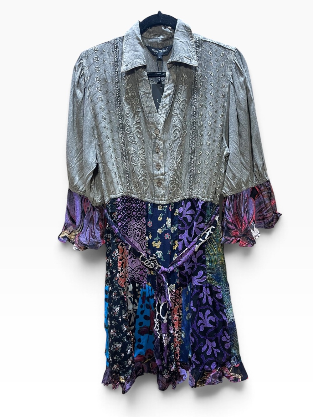 Young Threads Mixed-Print Purple & Silver Mini Dress with Self-Tie Waist